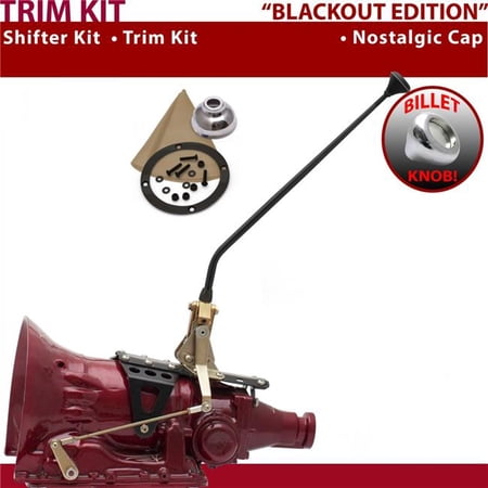 American Shifter 700R4 Shifter Kit Black 16 in. Trim Kit Push Button Cap Tan Boot Billet Knob for F2ED4