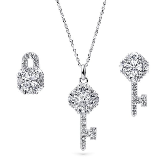 BERRICLE Sterling Silver Key and Lock Cubic Zirconia CZ Fashion Necklace and Earrings Set for Women, Rhodium Plated