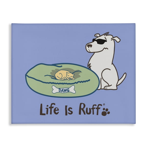 Stupell Industries Cat on Dog Bed Animals Painting Wrapped Canvas Art Print Wall Art, 20 x 16