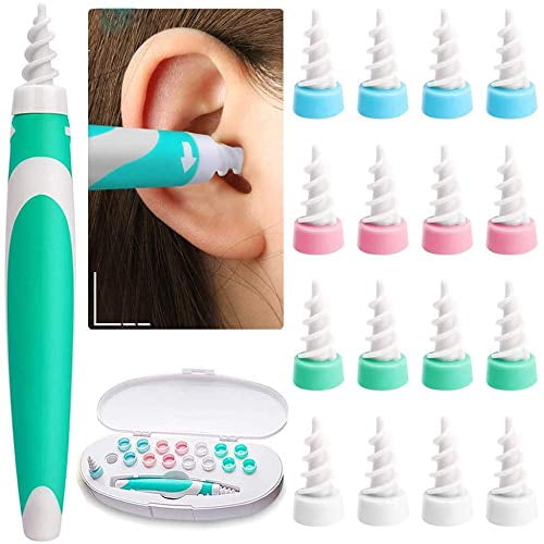 Ear Wax Remover, Ear Cleaner Human, Q-Grips Ear Wax Remover With 16 Washable Replacement Heads, Safe And Soft 360 Degree Spiral Silicone For Children And Adults (Green)