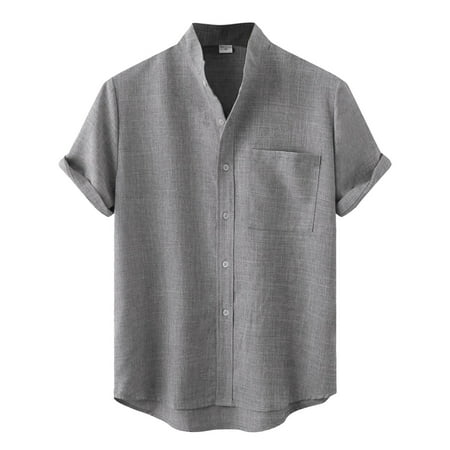 

Pianpianzi Boy Glitter Plain Long Sleeve Cotton Scrub Shirt Male Summer Casual Solid Shirt Short Sleeve Stand Collar Shirt Blouse Tops