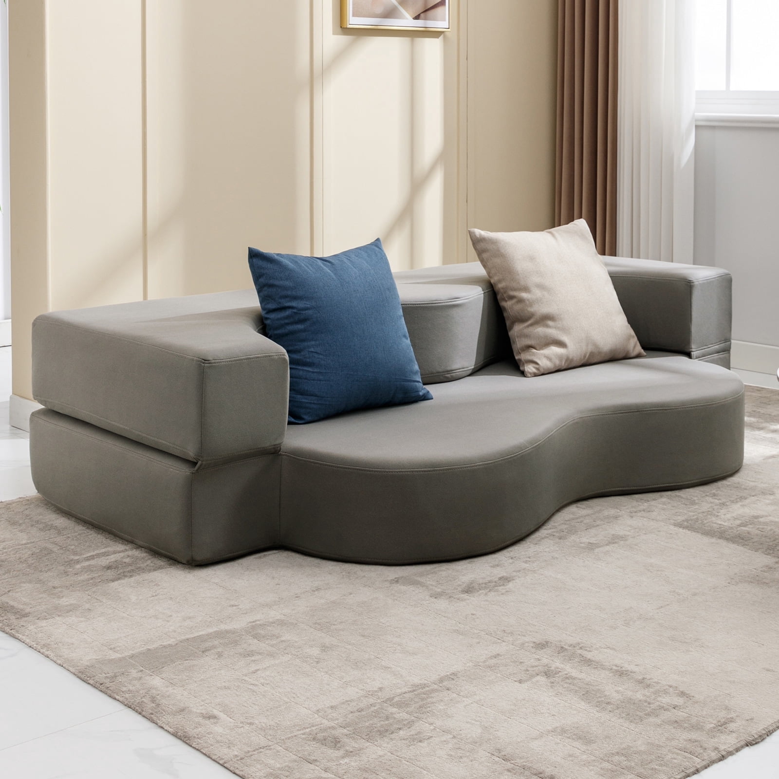 ZAFLY Queen Size Convertible Futon Sofa Bed, Floor Sofa Bed Foldable, Foam Folding Mattress Sleeper, Floor Couch Lounge Sleeper Bed for Living Room/Bedroom, Light Grey