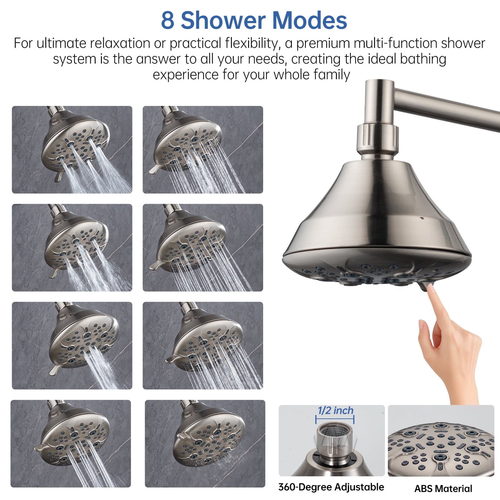 Joyrain Multi-angle adjustable showerhead& Handheld High-pressure 8 Spray Modes Shower Head, Rain Shower Combination with 90° Adjustable Extension Arm