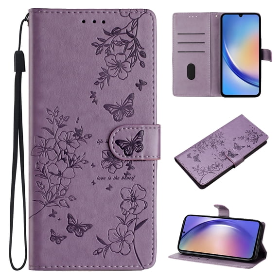 for Samsung Galaxy S24 FE Flip Case with Card Slots,Flower Butterfly Embossed PU Leather Shockproof Cash Pocket Protective Wrist Strap Kickstand Wallet Cover for Samsung Galaxy S24 FE,Purple