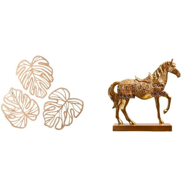 Arte De Pared De Madera Con Hojas De Palma Tropicales Y Escultura De Figura De Caballo. Decoración Creativa De La Selva Para Dormitorio, Baño, Fondo De TV U Oficina En Casa.