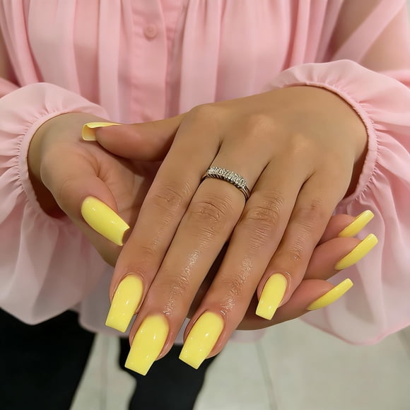Uñas postizas adhesivas JOYVVEW medianas largas cuadradas amarillo 24 piezas