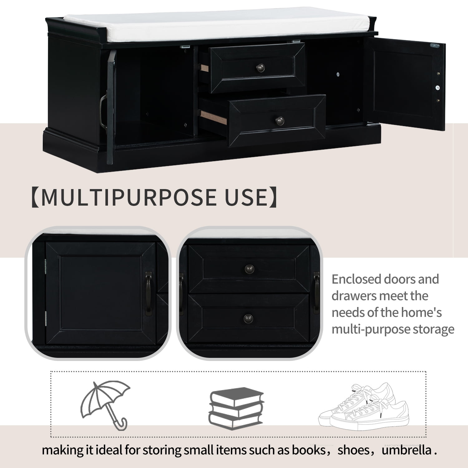 EUROCO 42.5" Storage Bench, Solid Wood Shoe Bench with 2 Drawers and 2 Cabinets and Removable Cushion for Living Room, Entryway, Black