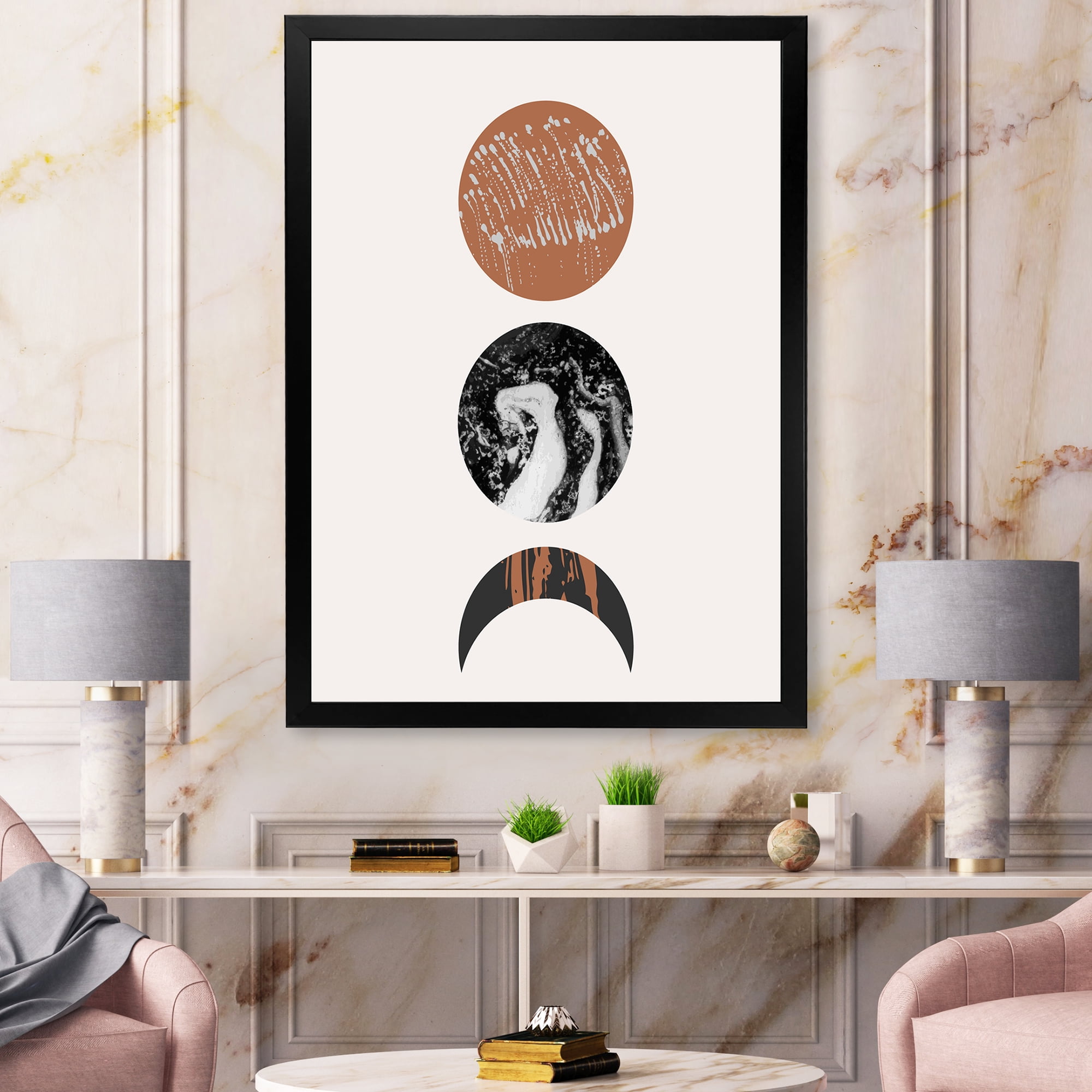 Designart 'Retro Shapes Abstract Moons and Suns' Modern Framed Art Print