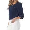 thumbnail image 4 of INSPIRE CHIC Women's Summer 3/4 Sleeve Collarless Button Up Denim Jean Jackets XS Dark Blue, 4 of 6