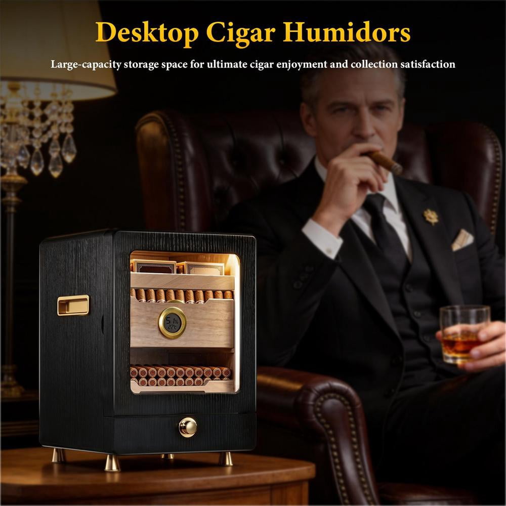 Cigars Humidor Cabinet with Cedar Wood Drawer, Precision Hygrometer and 3 Humidifiers, Christmas Gift for Cigars Lovers
