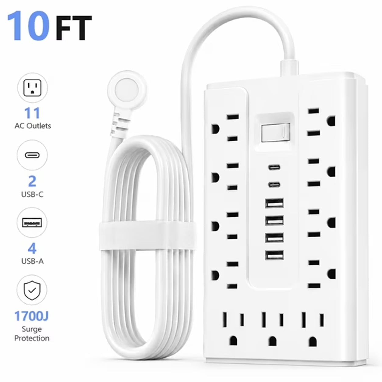 Bohashin 10ft Surge Protector Power Strip with 11 Outlets & USB