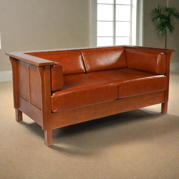 Crafters and Weavers Arts and Crafts Leather Side Loveseat in Russet Brown