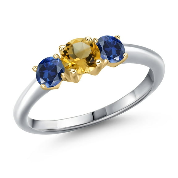 Gem Stone King 10K Two Tone Gold Yellow Citrine and Blue Created Sapphire Engagement Ring for Women | 0.95 Cttw | Round 5MM | Gemstone November Birthstone | Size 9
