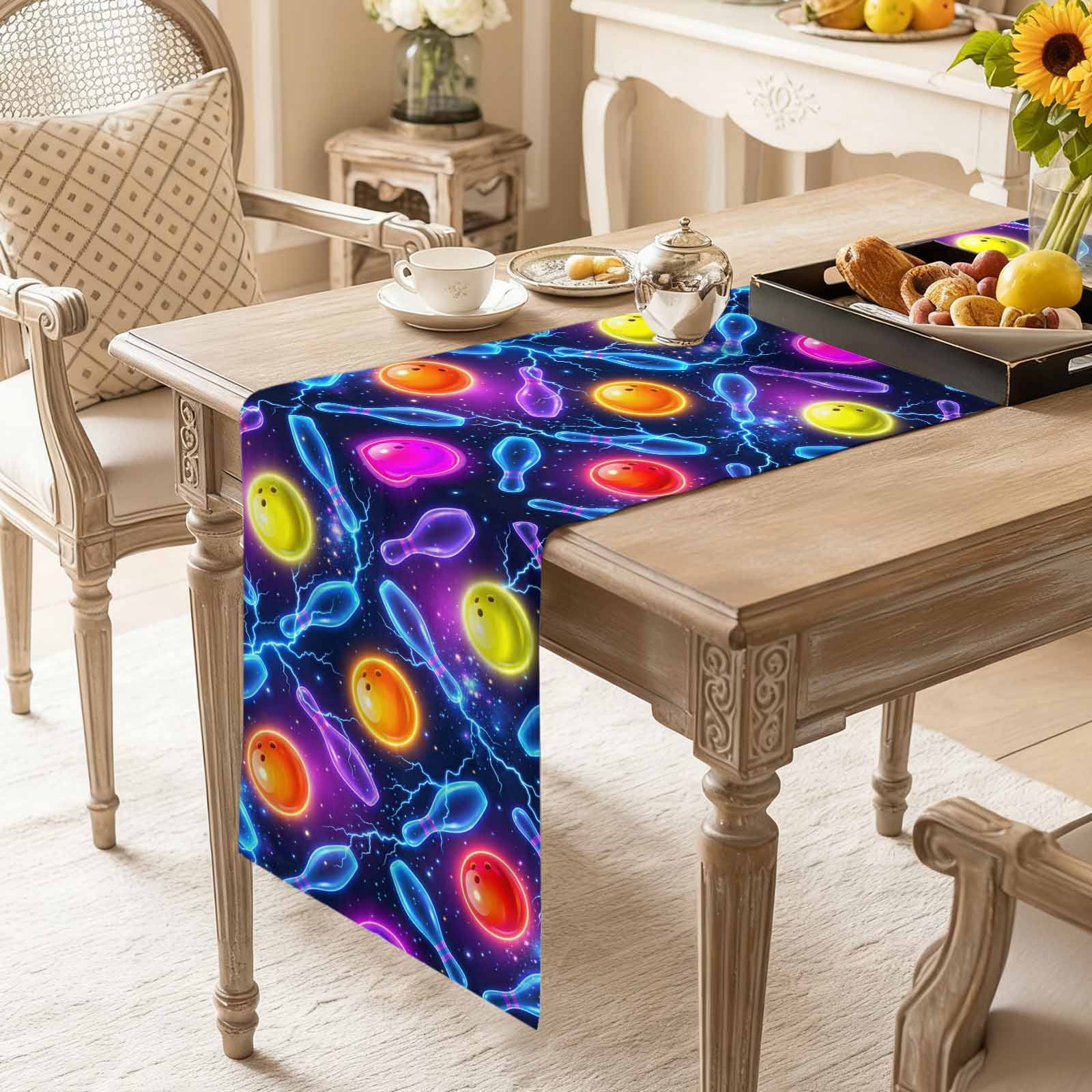 Bowling Table Runner 16 x 72 Inch, Purple Blue Yellow Bowling Balls Bottles Sports Black Washable Cotton Linen Dining Table Runner Tabletop Decorations for Restaurant Home Kitchen Party