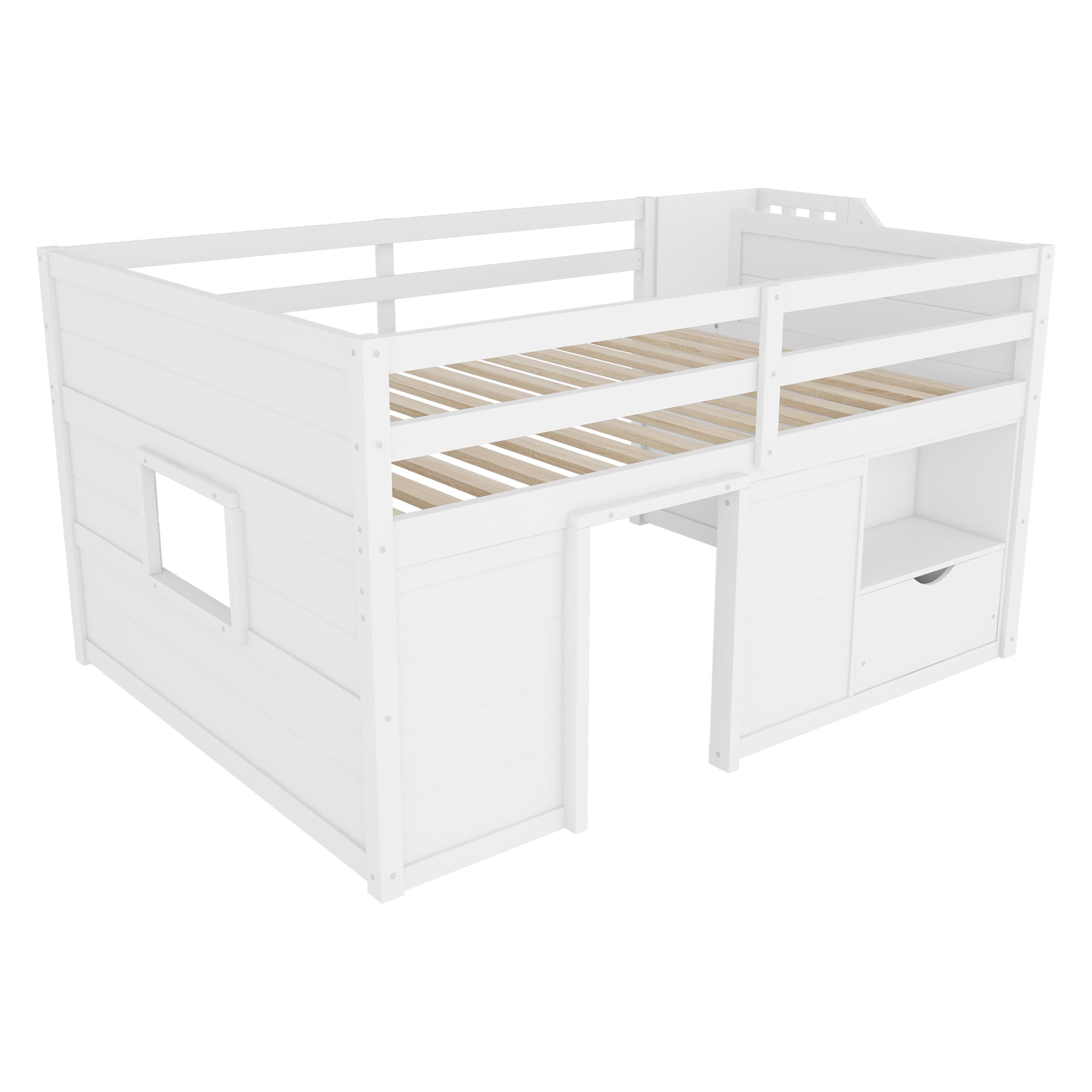 Leumius Full Size Loft Bed with Storage Stairs and Storage Drawers,Solid Wood Bed Frame with Large Under-Bed Space,White