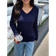 thumbnail image 5 of Women Long Sleeve Cable Knit Sweater Fashion V Neck Fitted Pullover Top Business Casual Fall Outfits Navy Blue XL, 5 of 7