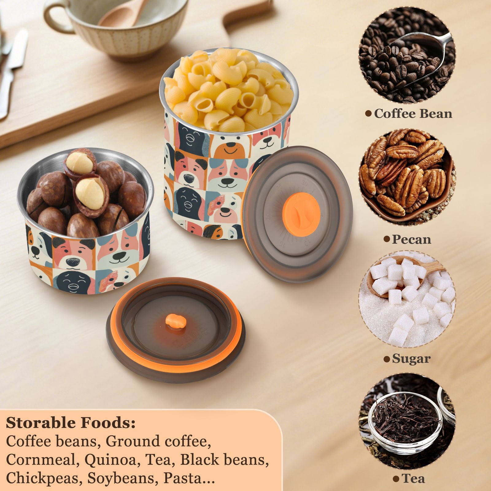 Cute Dog Print Airtight Coffee Bean Canister 30oz Food Storage Containers with Lids For Gournd, Tea, Sugar, Flour, Rice, Cereal, Candy Cookie Jar