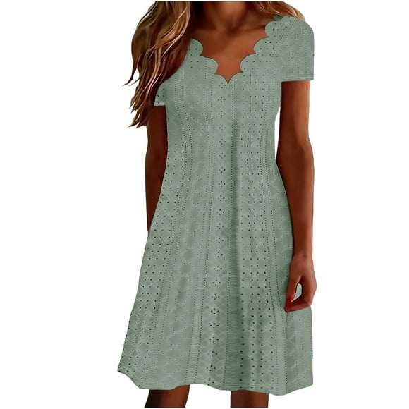 Ltctricy Casual Dresses for Women Short Sleeve Scalloped V Neck Eyelet Embroidered Midi Tunic Dress Loose T-Shirt Dress