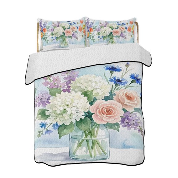 Quilt King Size Bedding Set, Elegant Flowers Reversible Summer Quilt 3 Pieces, Farmhouse Spring Floral Watercolor Lightweight Bedspreads Coverlets with 2 Pillow Shams for All Seasons