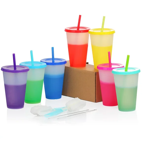 MODANU 7 Packs Reusable Plastic Tumbler Bulk, 16oz Color Changing Tumblers with Lids and Straws, Cold Drink Cups Plastic Tumblers for Party