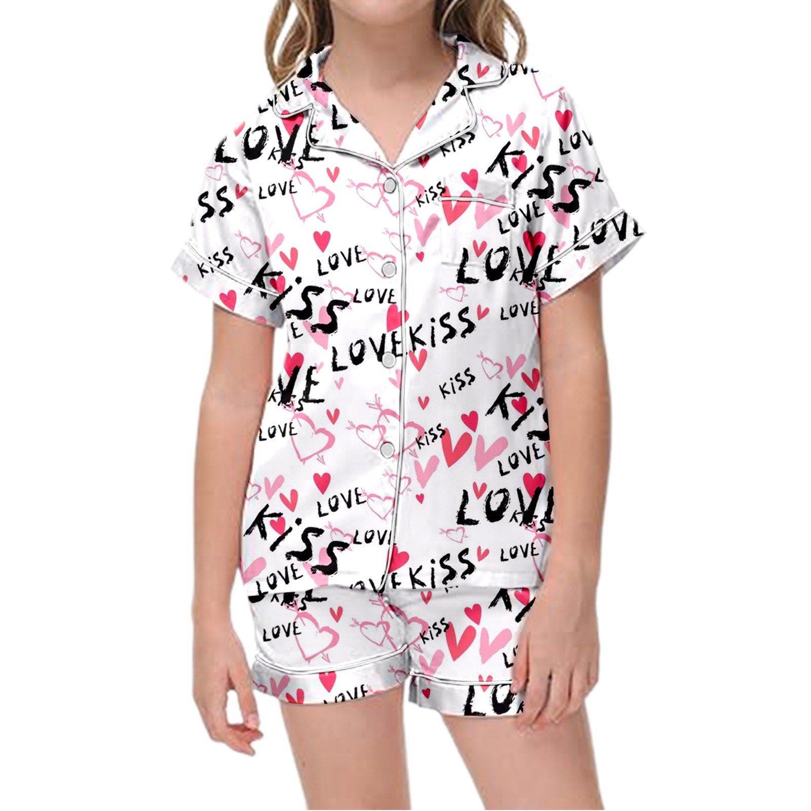 Chaomo Girls Satin Pajamas Set, Silk Button-down Love Heart Print 