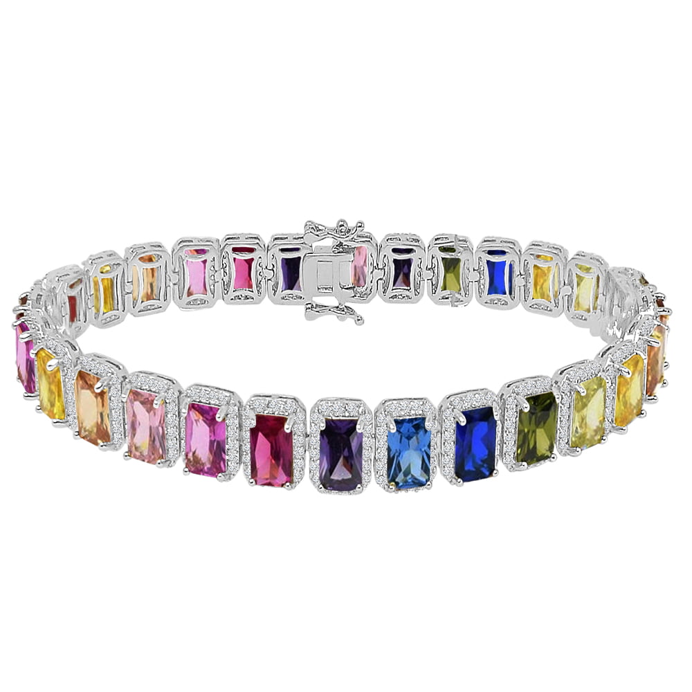 14K White Gold Over Rainbow Multi Tone 6.00 Cwt. Simulated Diamonds Solitaire Men's Ladies Bracelet 10mm / 8.5 Inch