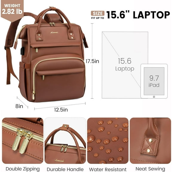 Leather Laptop Backpack for Women with USB Port - 17in Travel Bag for Nurse, Teacher, College, Business
