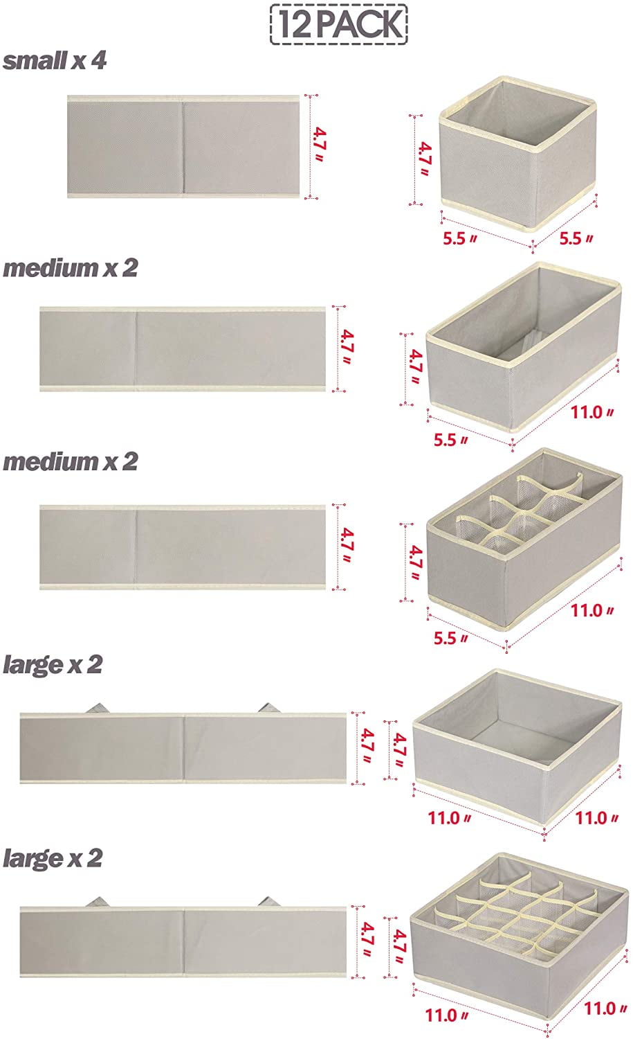 DIOMMELL 12 Pack Foldable Cloth Storage Box Closet Dresser Drawer Organizer Fabric Baskets Bins Containers Divider for Baby Clothes Underwear Bras Socks Lingerie Clothing Beige 444 