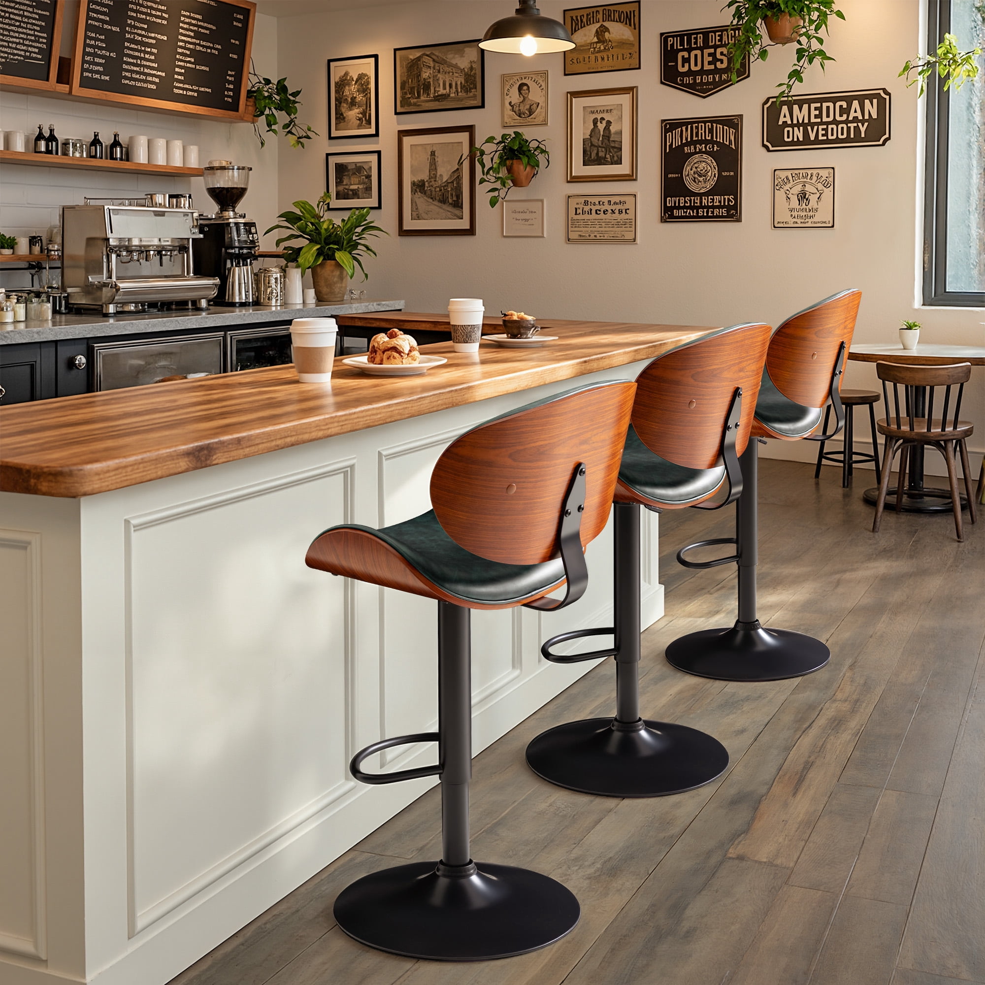 Homall Bar Stools Set of 2 Swivel Counter Height Bar Chairs Upholstered Bentwood Barstools with Back and Footrest for Kitchen, Coffee Bar, Green