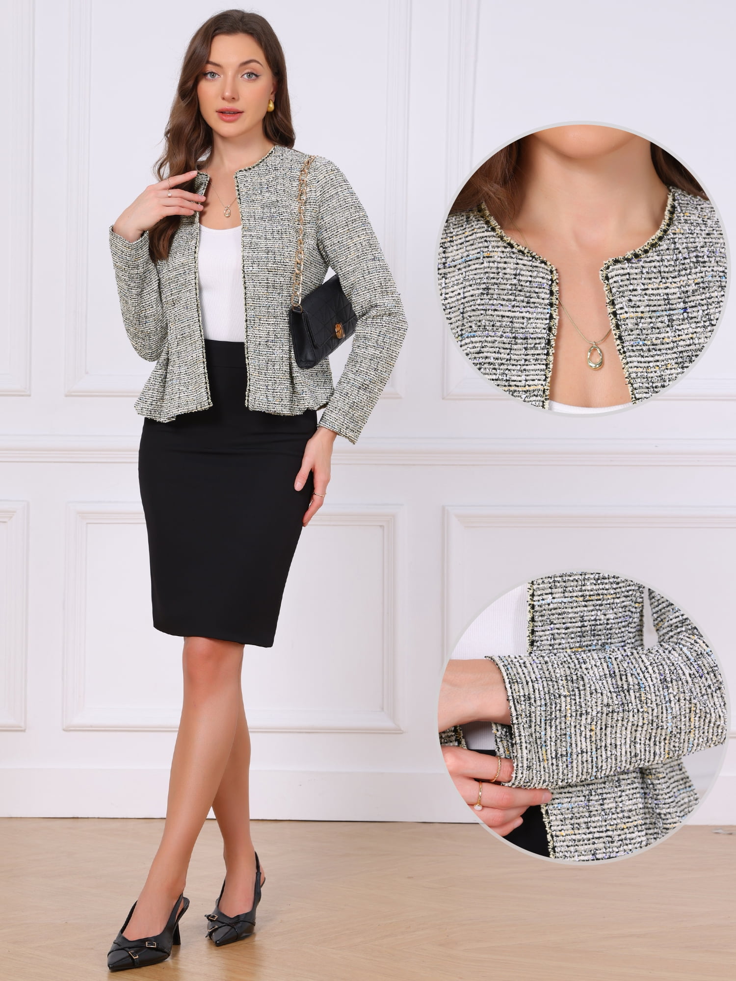 DARING DIVA Women's Tweed Blazers Collarless Long Sleeve Blazer L Apricot