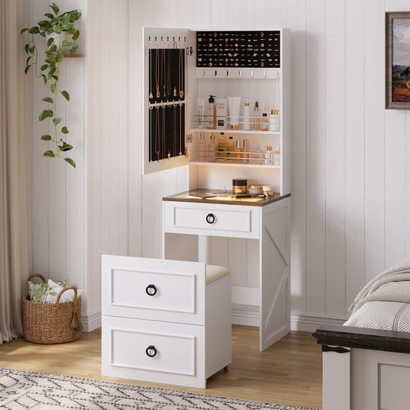 LVSOMT Vanity Desk with Mirror and LED Lights,Small 3 in 1 Vanity Table with Visible Glass Top,Compact Makeup Vanity Set with Jewelry Cabinet & Hidden Storage Stool