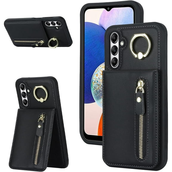Samsung Galaxy A14 5G Phone Case with Card Holder,Galaxy A14 5G Case for Women with Credit ID Card Slot,360 Rotation Ring Kickstand, Leather Zipper Wallet Case,6.6",Black