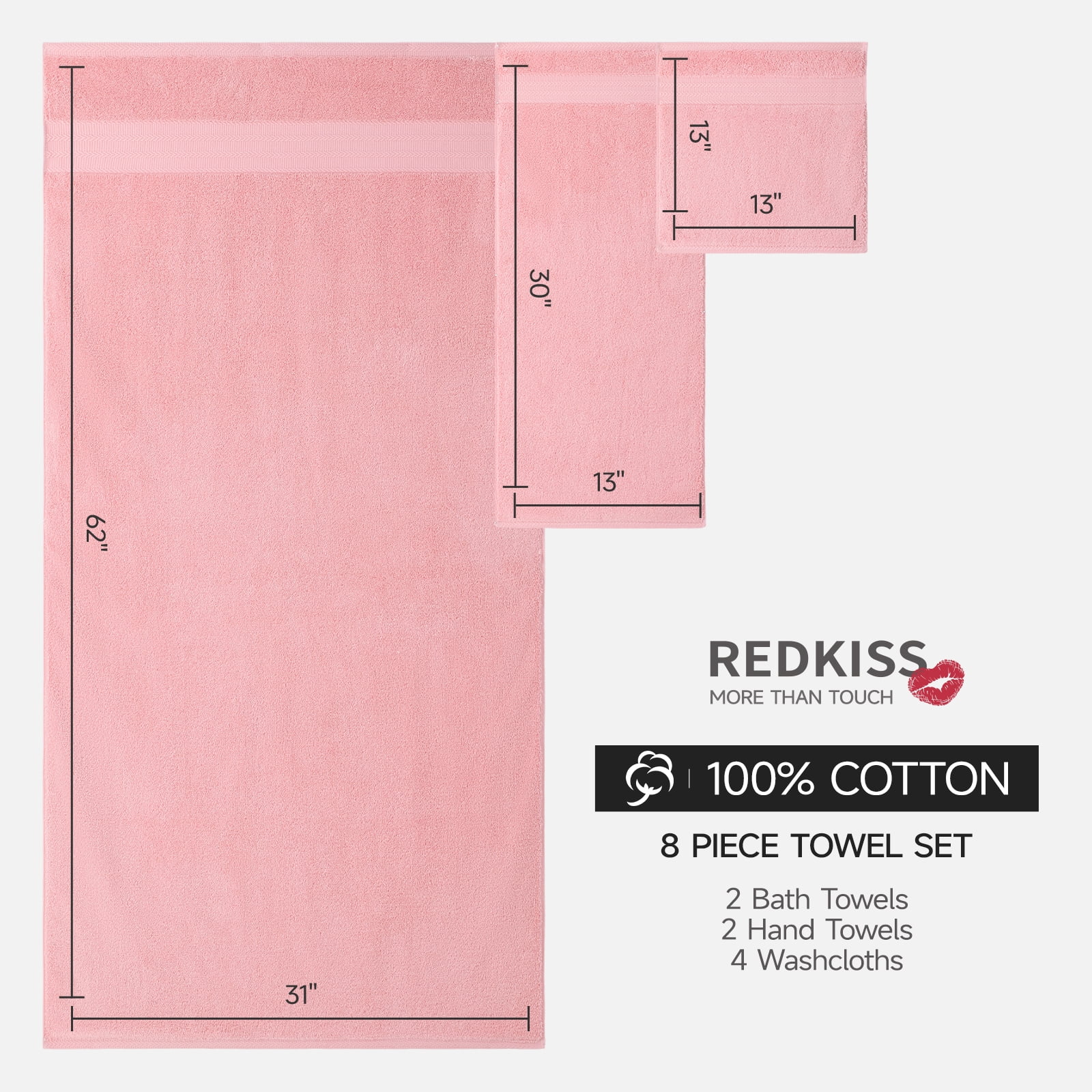 REDKISS 8-Piece 100% Cotton Towel Set, 600GSM Luxury Pink Bath Towels. Quick Dry Hand Towels & Washcloths