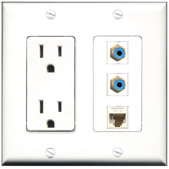 RiteAV - 15 Amp Power Outlet 2 Port RCA Blue 1 Port Cat6 Ethernet Ethernet White Decorative Wall Plate