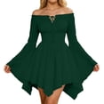 thumbnail image 3 of Womens Halloween Pirate Dresses Off Shoulder Bell Sleeve Mini Dress Irregular Hem Renaissance Costume Spooky Festival Party Wear Outfits, 3 of 6