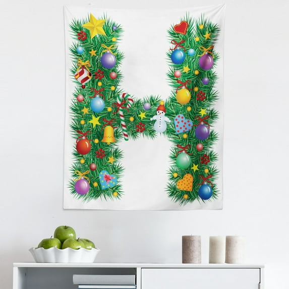 Letter H Tapestry, Uppercase Letter H Pine Tree Pattern with Christmas Celebration Theme Stars Image, Fabric Wall Hanging Decor for Bedroom Living Room Dorm, 5 Sizes, Multicolor, by Ambesonne