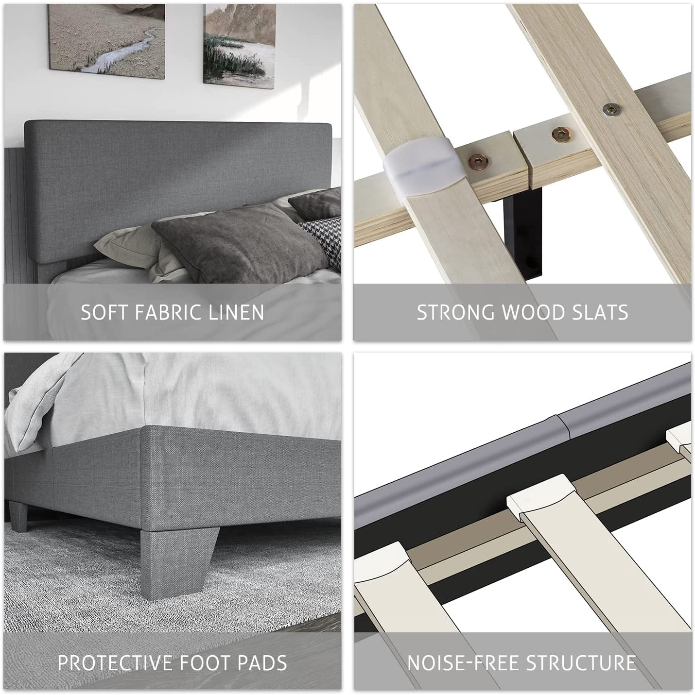 Sha Cerlin Queen Size Upholstered Platform Bed Fame with Adjustable Fabric Headboard, Wood Slat Support, Light Grey