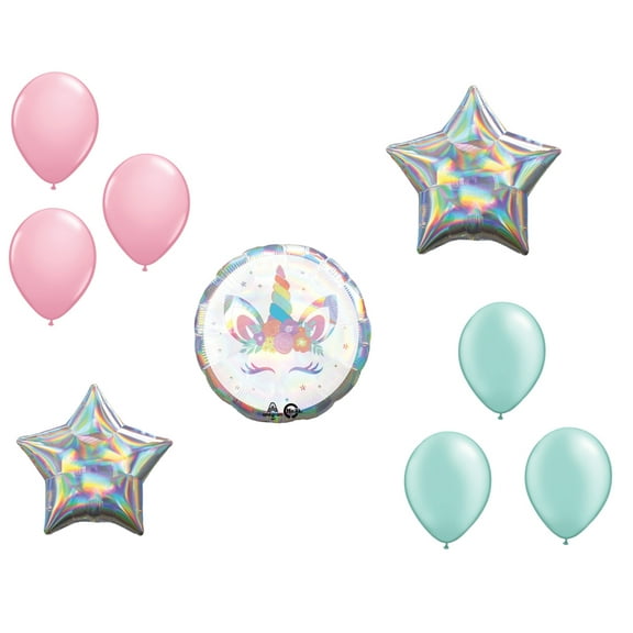 LOONBALLOON Unicorn Theme Balloon Set, Unicorn Party Holographic Balloon, 2x Star foil and 6x latex balloons