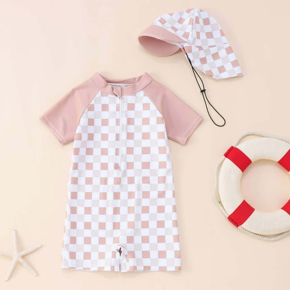 Krdevn Baby Boys' Checkerboard Rash Guard Set, Short Sleeve One-Piece Swimsuit with Matching Sun Hat, UPF 50+ UV Protection Beach & Pool Outfit,0-3 Months