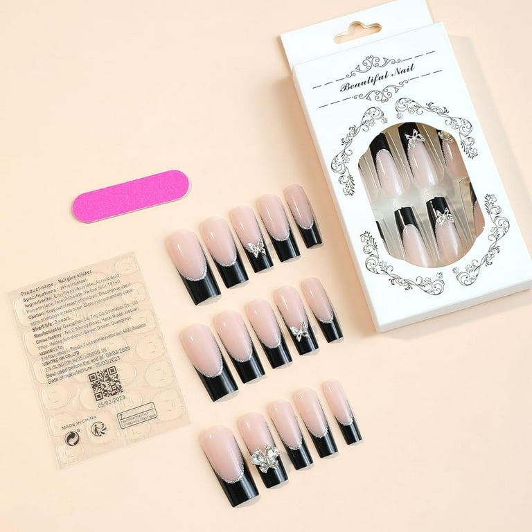 Press on Nails Long Square Shape Fake Nails White Acrylic Nails Glossy Nude  Glue on Nails French False Nail Tips with Butterfly Charms and White  Flowers Design for Women and Girls, 24Pcs 