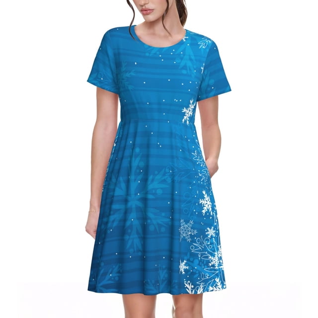 Bixox Robe d'Été à Manches Courtes pour Femmes Robe Ample Longueur Genou avec Poches-Bleu Noël