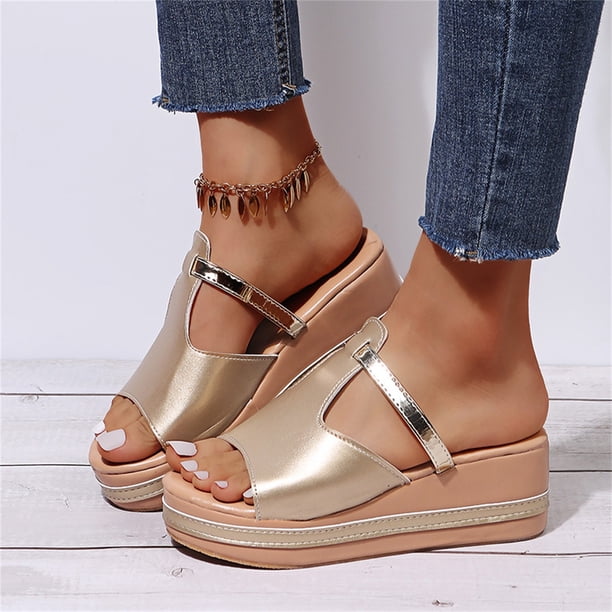 Sandalias de tacón de cuña Sandalias de color sólido con boca de pez de fondo grueso para mujer Wmkox8yii ytu1148