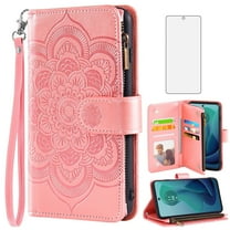 Asuwish Compatible with Motorola Moto G 5G 2024 Wallet Phone Case and Tempered Glass Screen Protector Flower Faux Leather Flip Credit Card Holder Stand Zipper Cell Cover for G5G 5 G G5 Women Pink