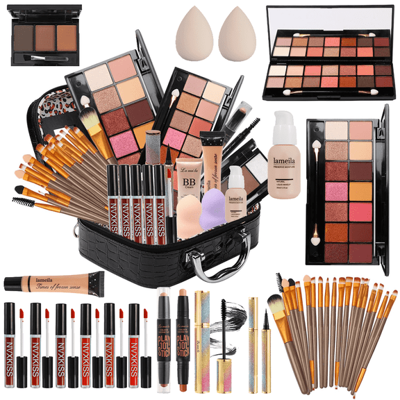 All in One Makeup Kit for Makeup Storage Bag,2X14 Colors Eyeshadow Palette Liquid Foundation Eyeliner Pencils Contouring Stick Lip Gloss 20Pcs Makeup Brushes For Women Girls Teens