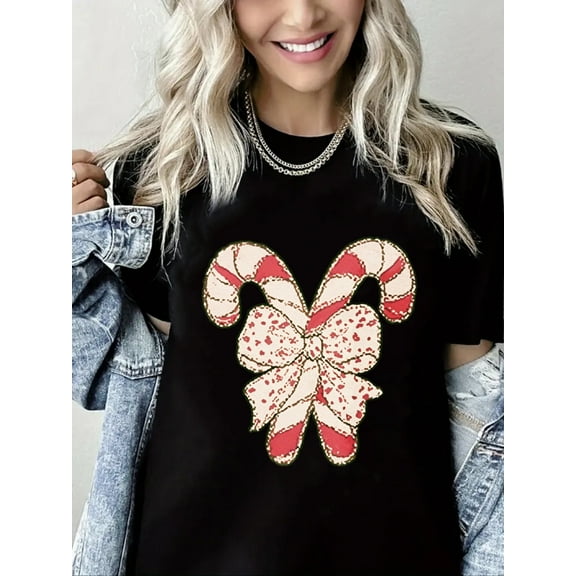 Christmas Tshirt Candy Canes and Bow Print Pure Cotton Short Sleeve Shirt for Women