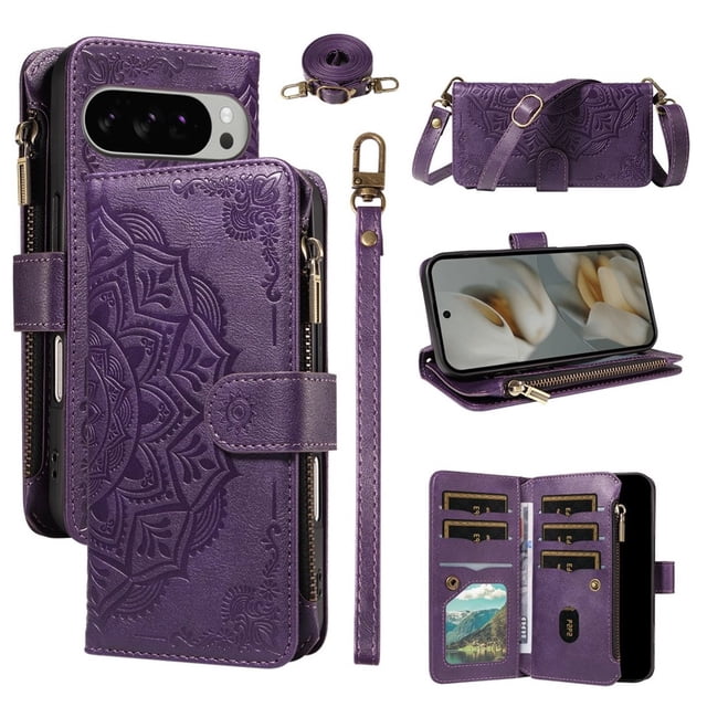 For Google Pixel 9 Pro XL 5G Wallet Case, 9 Card Slots RFID Blocking Crossbody Leather Cover, Zipper Pocket, Detachable Wrist & Shoulder Strap, Magnetic Shockproof Protective Phone Case for Women