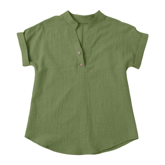 TIREOW Girls Cotton Linen Button Down Shirt, Short Sleeve V-Neck Casual Summer Blouse for Teens