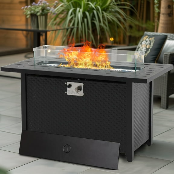 Propane Fire Pit 45 Inch Rectangle Outdoor Gas Fire Pits, 50,000 BTU Fire Table with Steel Tabletop, Glass Wind Guard, Blue Glass Stone and Waterproof Cover for Outside Patio, Garden, Deck, Yard