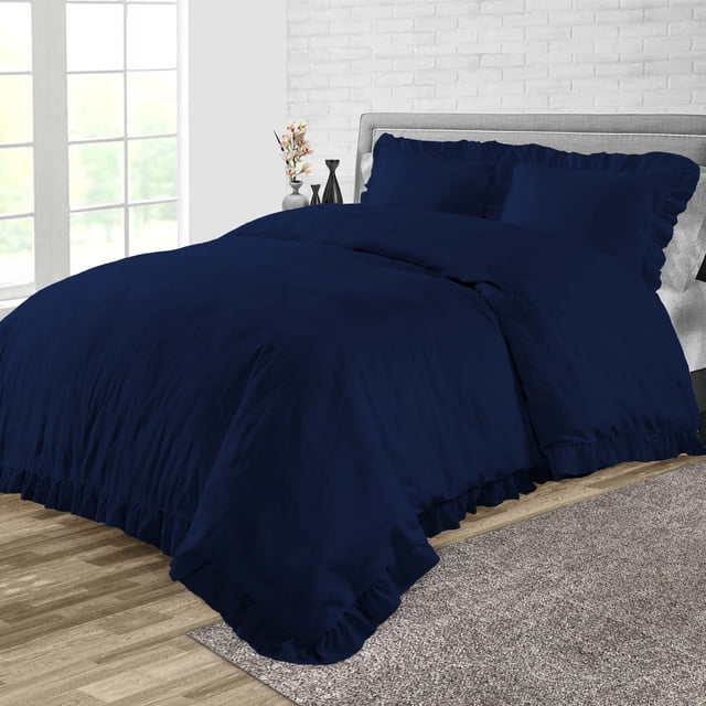 Dee's Collection Oversized King Size 3 Psc Microfiber Duvet Cover Trimmed Ruffle -Navy Blue