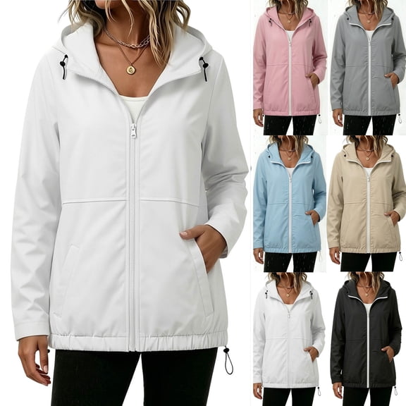 Tsivenald Women's Solid Color Thin Mountaineering Jacket Sun Protection Waterproof Sports Drawstring Long Sleeved Hooded Jacket, White S-2XL